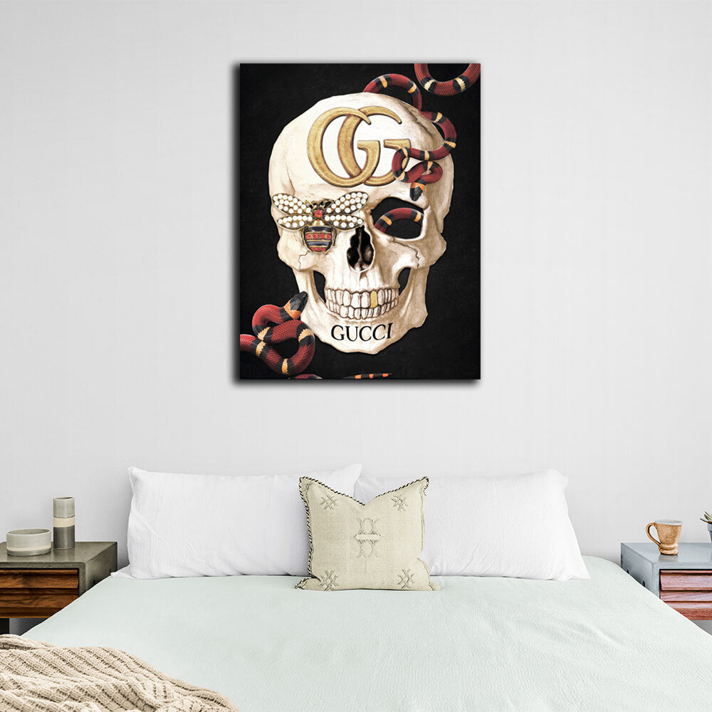 Kunstdruck auf Leinwand mit Totenkopf-Motiv, goldfarben