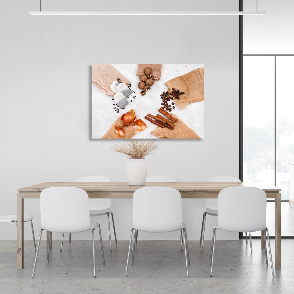 Tea, onion, cinnamon, coffee and nuts Canvas Wall Art Print For Kitchen