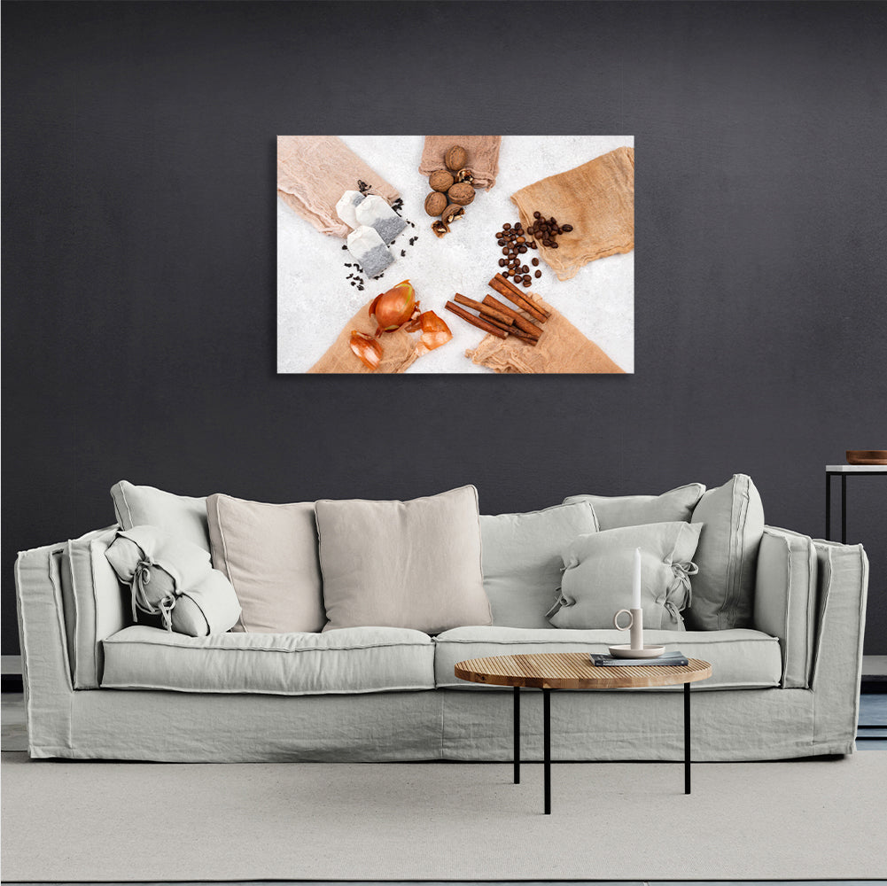 Tea, onion, cinnamon, coffee and nuts Canvas Wall Art Print For Kitchen