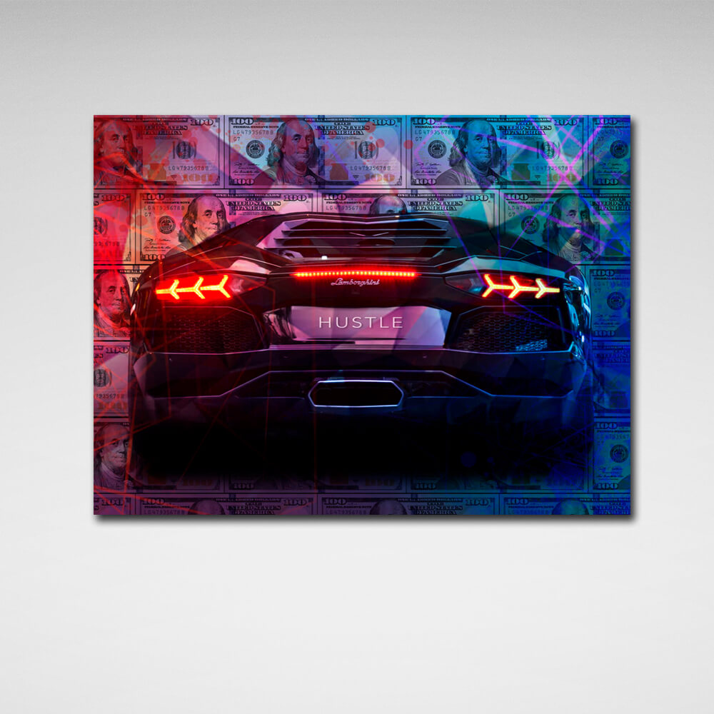 Zur Motivation Dollars and Lamborghini Hustle Motivational Canvas Wall Art Print