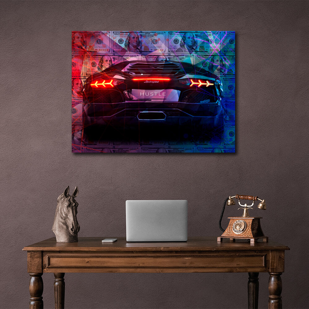 Zur Motivation Dollars and Lamborghini Hustle Motivational Canvas Wall Art Print