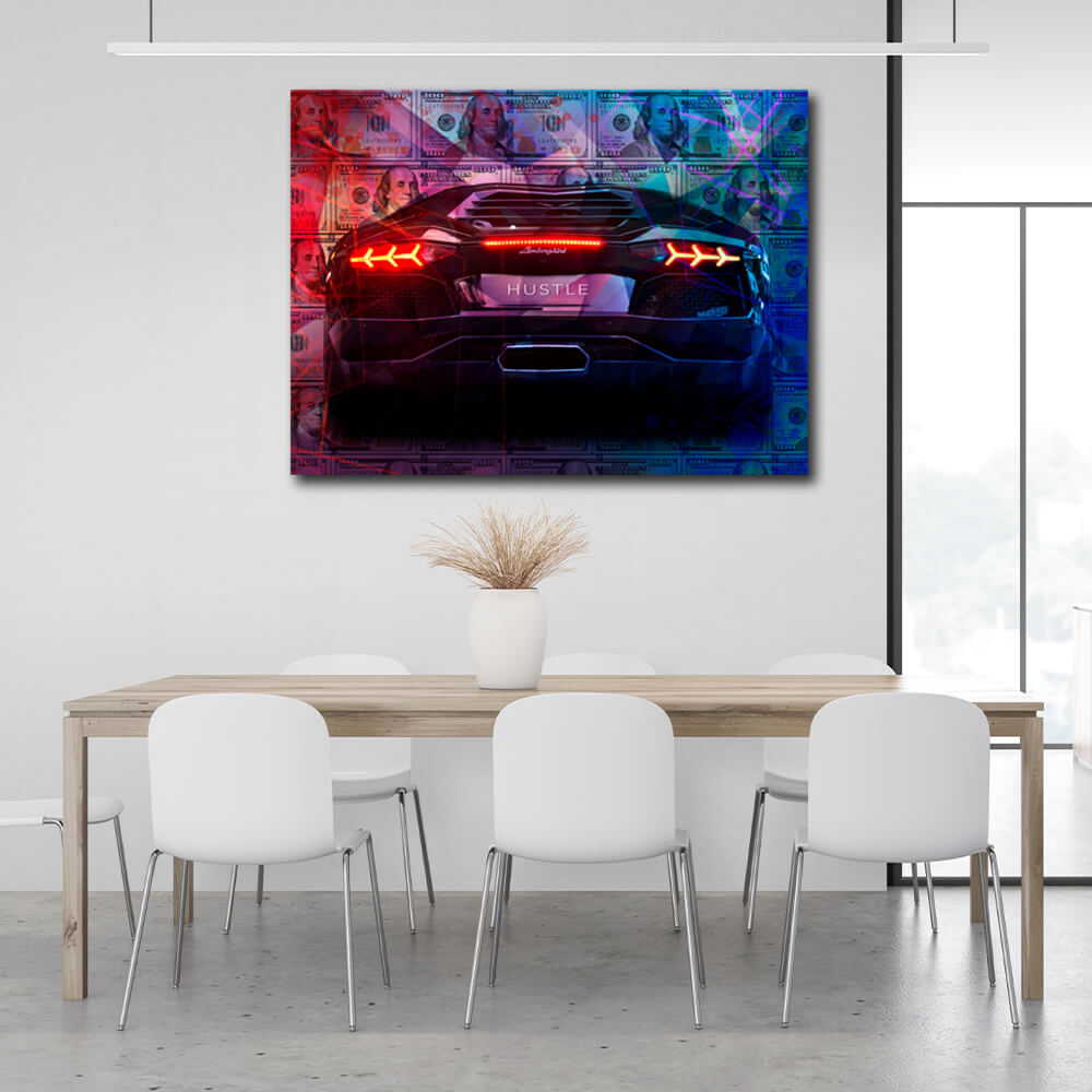 Zur Motivation Dollars and Lamborghini Hustle Motivational Canvas Wall Art Print