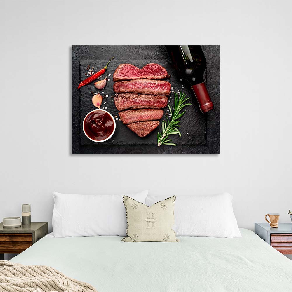 Steak and red wine Canvas Wall Art Print For Kitchen