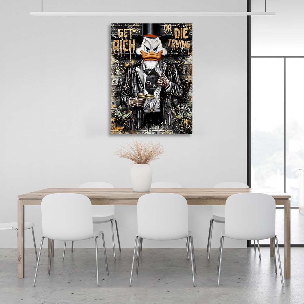 Dagobert Duck mit Pistole in gepanzerter Weste, inspirierender Kunstdruck auf Leinwand