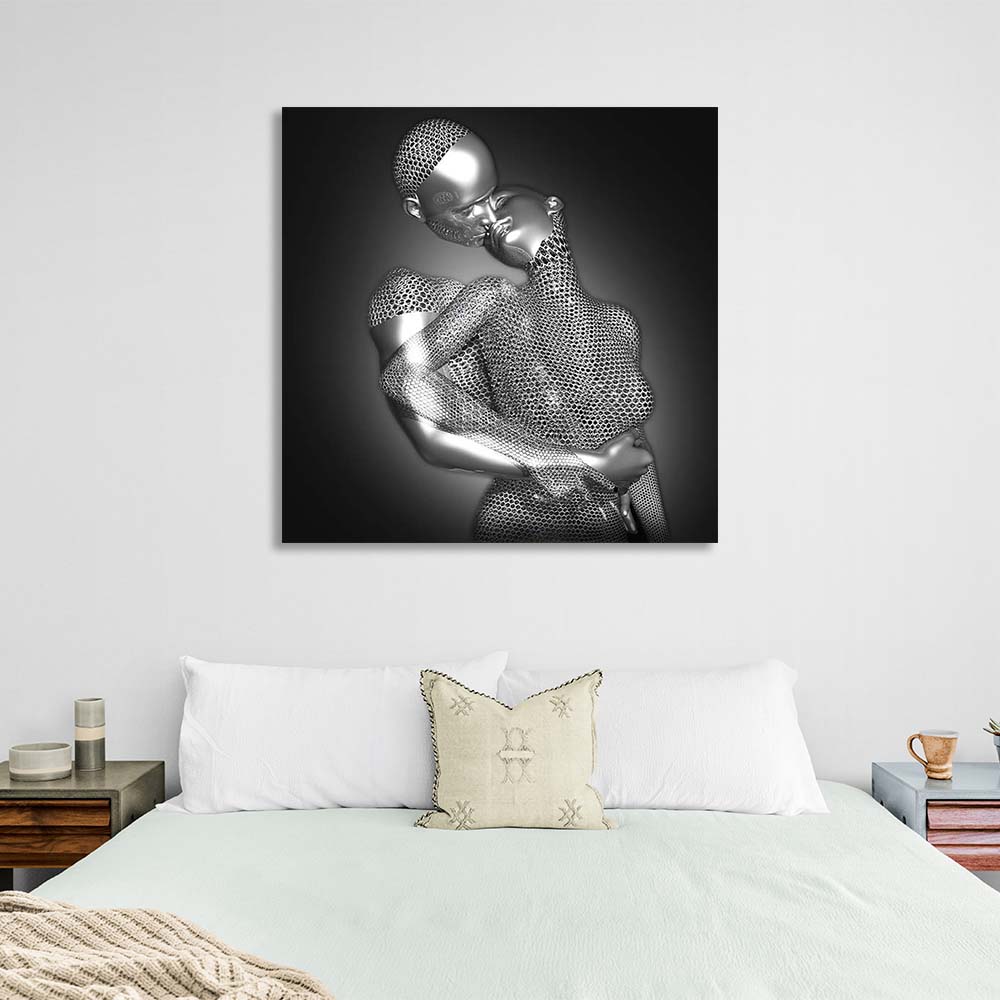 The embrace of two silver statues Canvas Wall Art Print For Bedroom