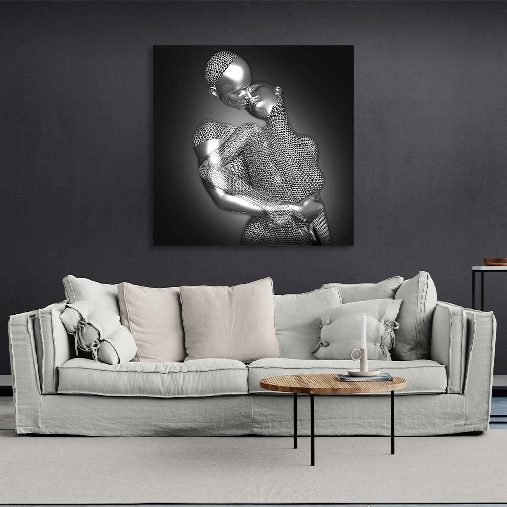 The embrace of two silver statues Canvas Wall Art Print For Bedroom