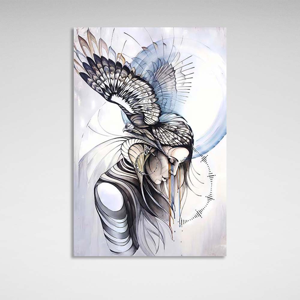 Painted girl with a bird Canvas Wall Art Print