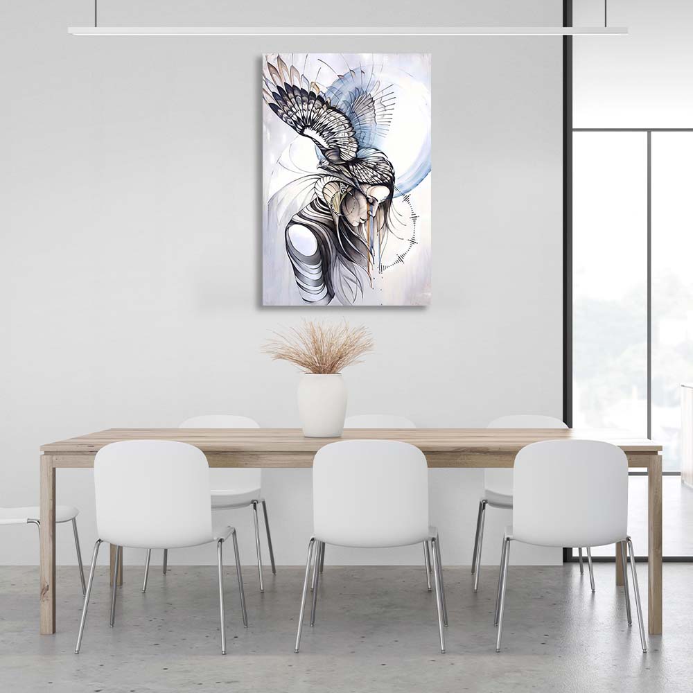 Painted girl with a bird Canvas Wall Art Print