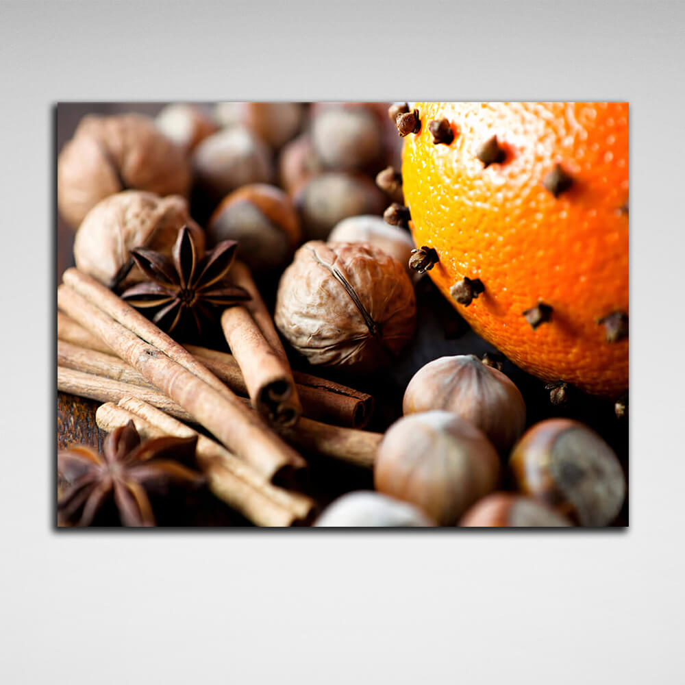 For the kitchen Nuts, orange and cinnamon Canvas Wall Art Print