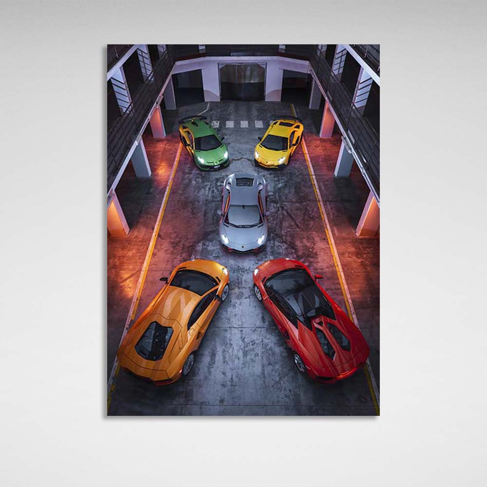 5 Autos Lamborghini Leinwandbild Wandbild