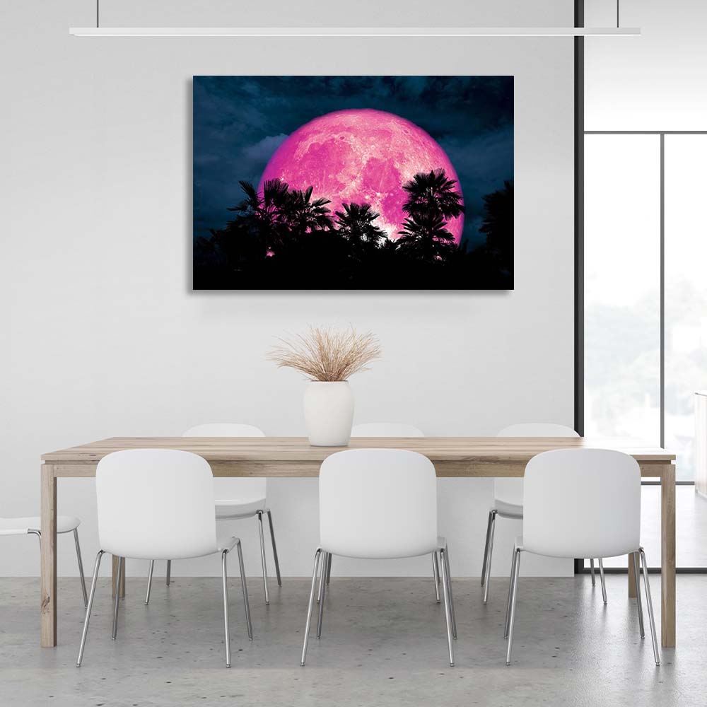 Tropical forest on the background of the pink moon Canvas Wall Art Print