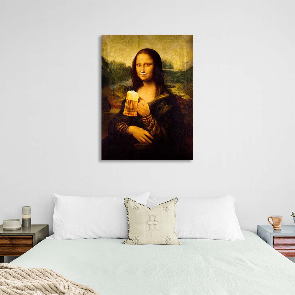 Mona Lisa mit Bier Leinwand Wand Kunstdruck