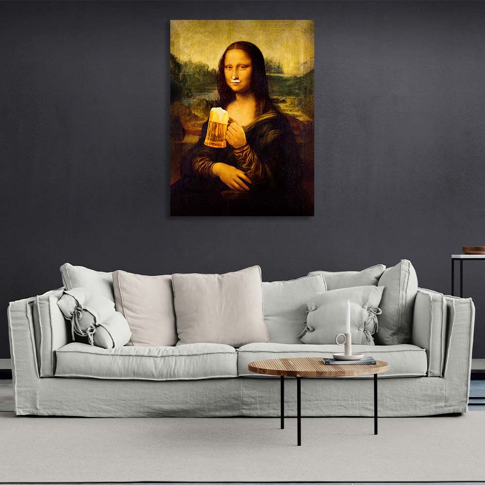 Mona Lisa mit Bier Leinwand Wand Kunstdruck