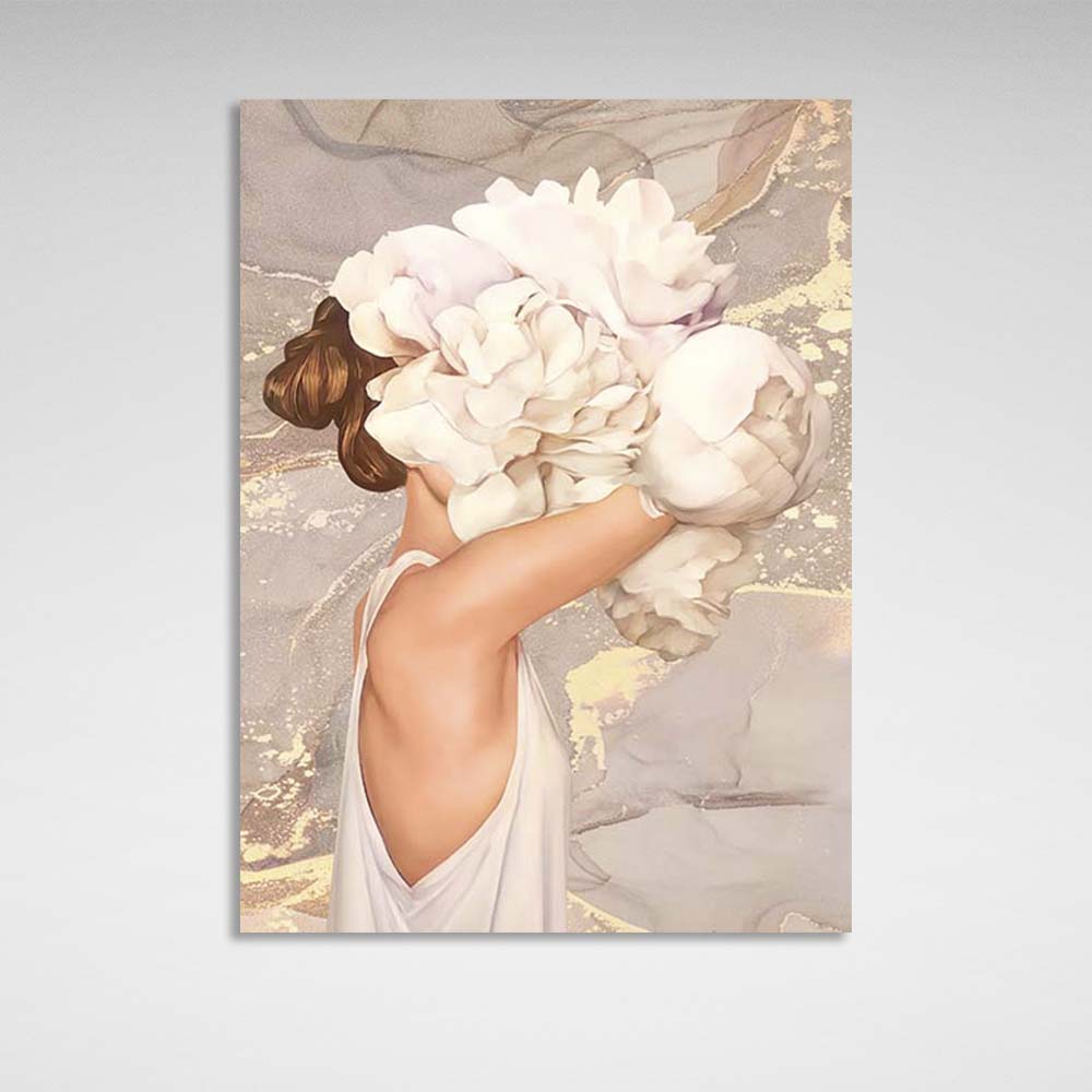 Girl with flowers on her head on a beige background Canvas Wall Art Print