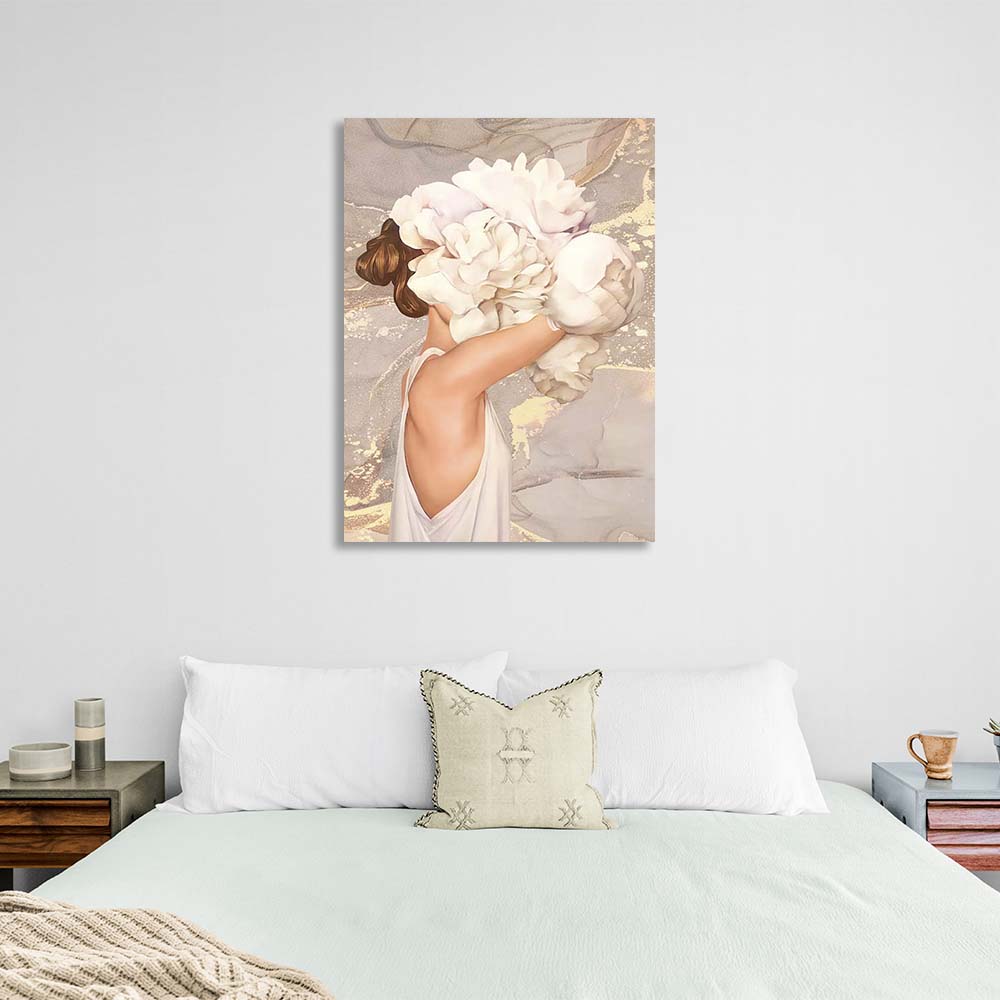 Girl with flowers on her head on a beige background Canvas Wall Art Print