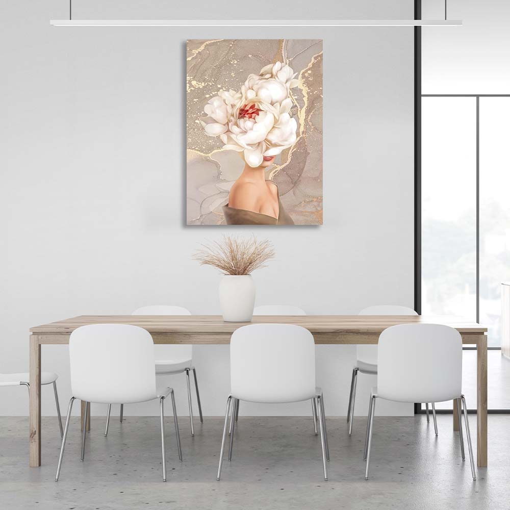 Girl with a flower on her head in beige colors Canvas Wall Art Print