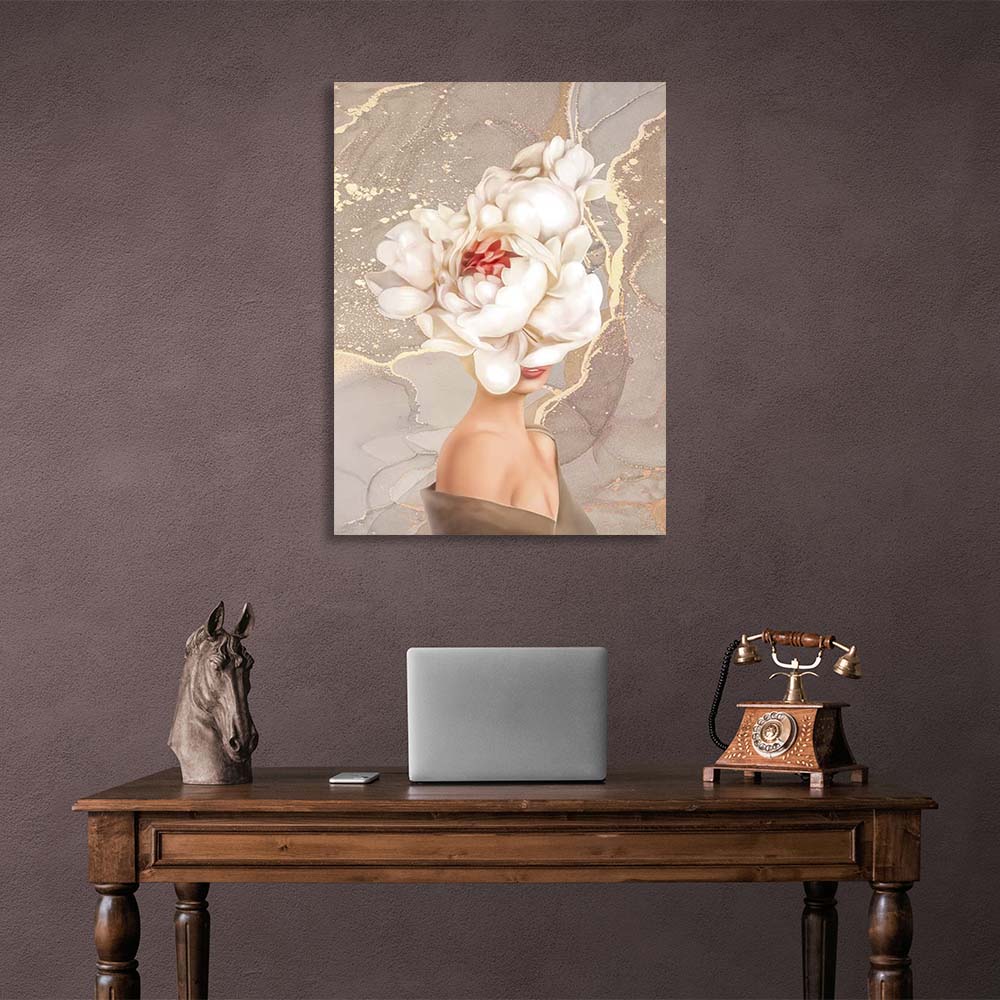 Girl with a flower on her head in beige colors Canvas Wall Art Print