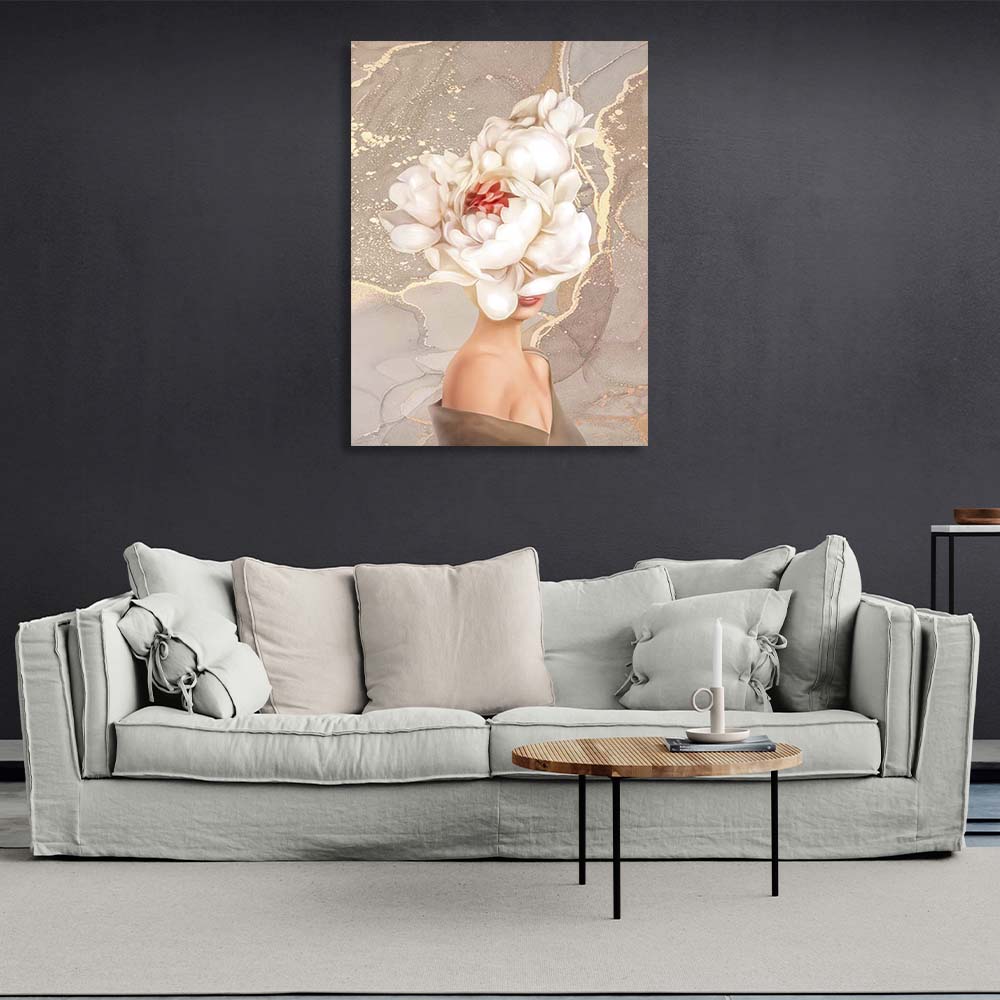 Girl with a flower on her head in beige colors Canvas Wall Art Print