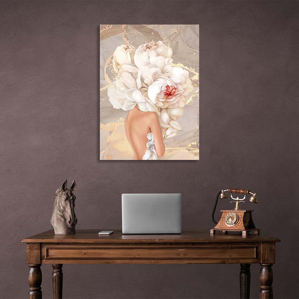 Kunstdruck auf Leinwand „Mädchen mit Blumen auf dem Kopf“ in Nude-Farben