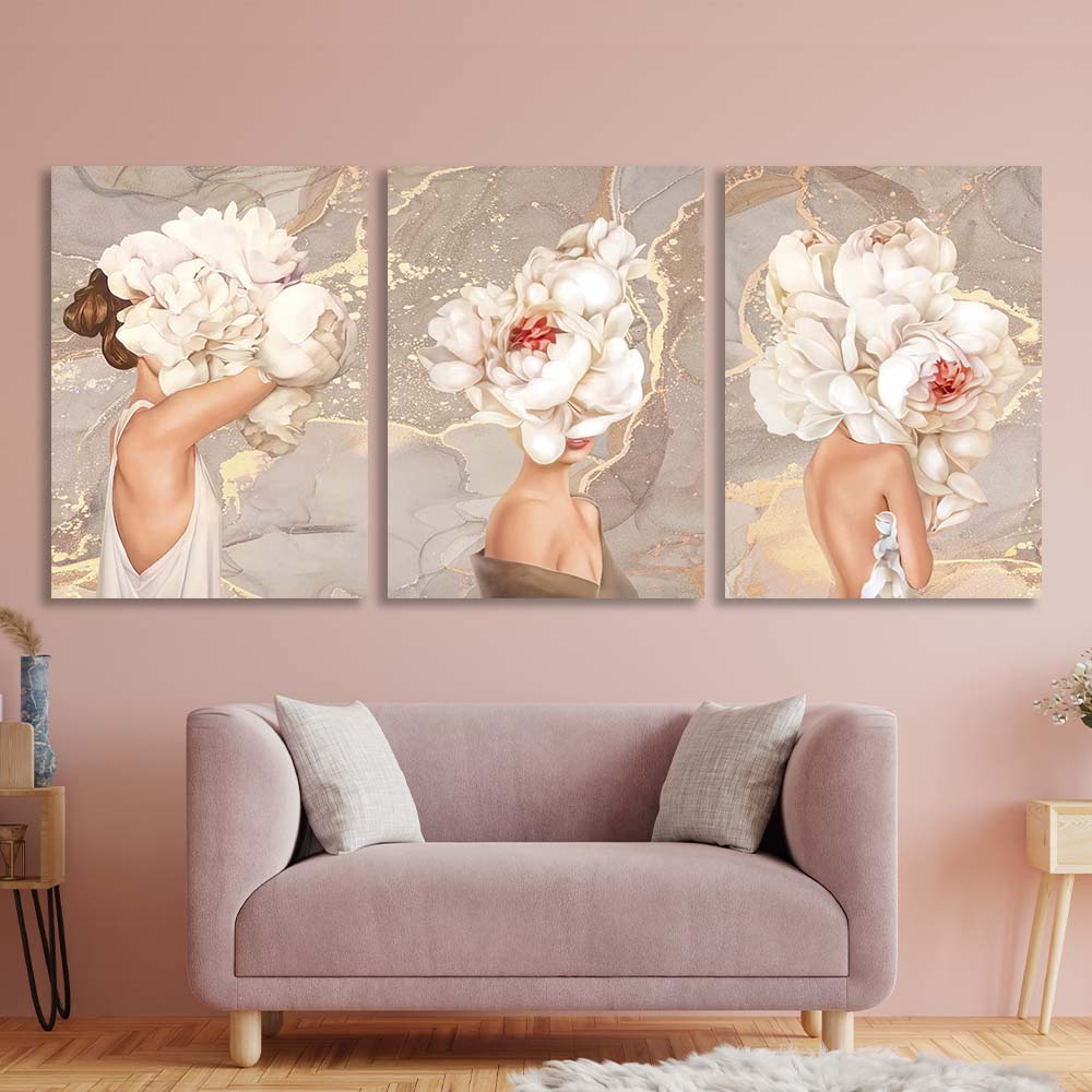 Girls with flowers on their heads in nude colors Multi Panel Canvas Wall Art Print