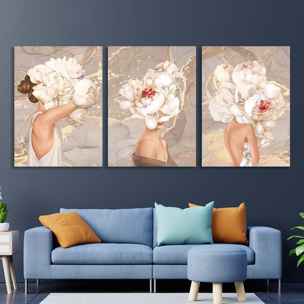 Girls with flowers on their heads in nude colors Multi Panel Canvas Wall Art Print