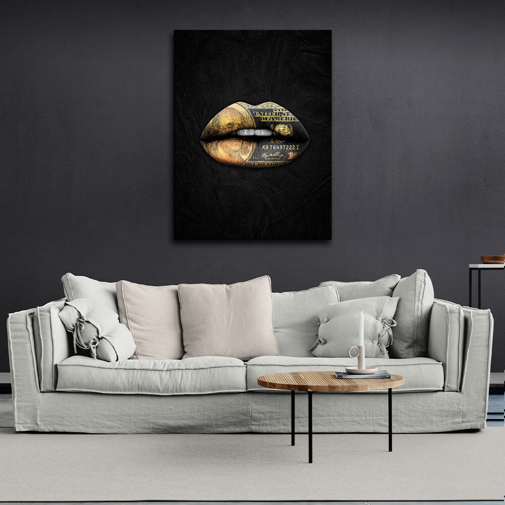 Lippen aus Gold mit einem Dollar Motivierender Kunstdruck auf Leinwand