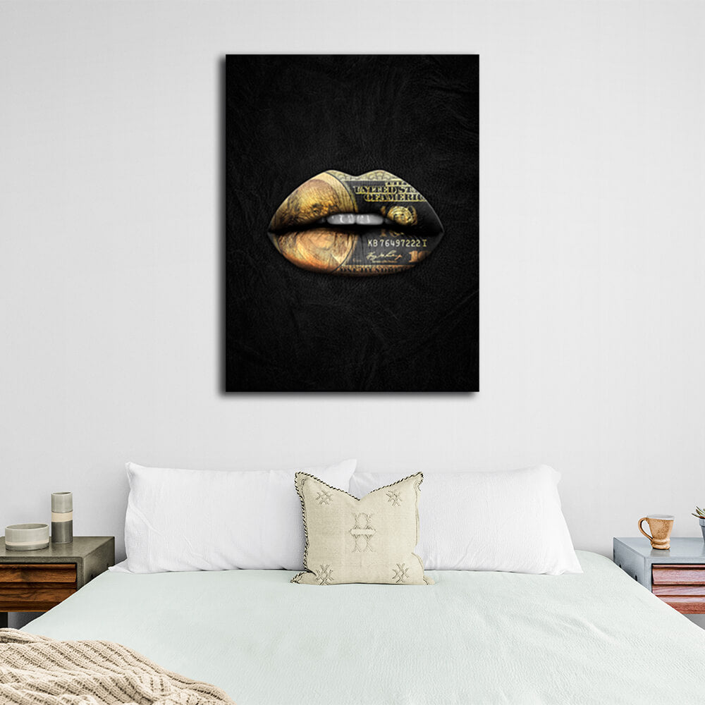 Lippen aus Gold mit einem Dollar Motivierender Kunstdruck auf Leinwand