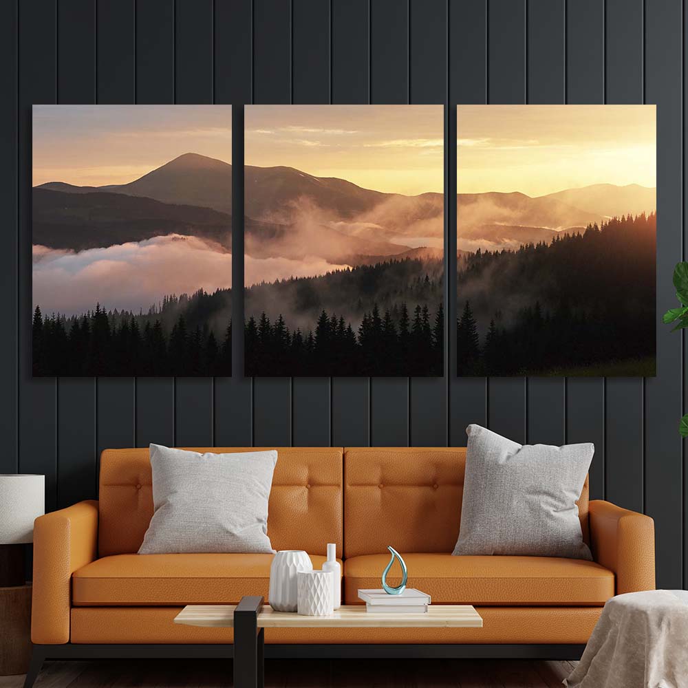 Kunstdruck auf Leinwand, mehrteilig, Nebel in den Sonnenuntergangsbergen