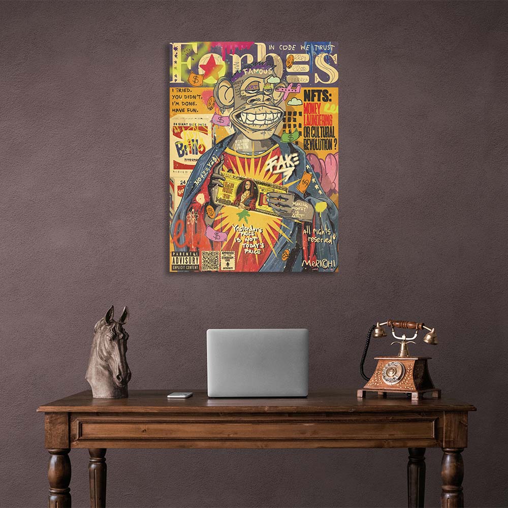 Pop Art Monkey with a hundred-dollar bill Canvas Wall Art Print