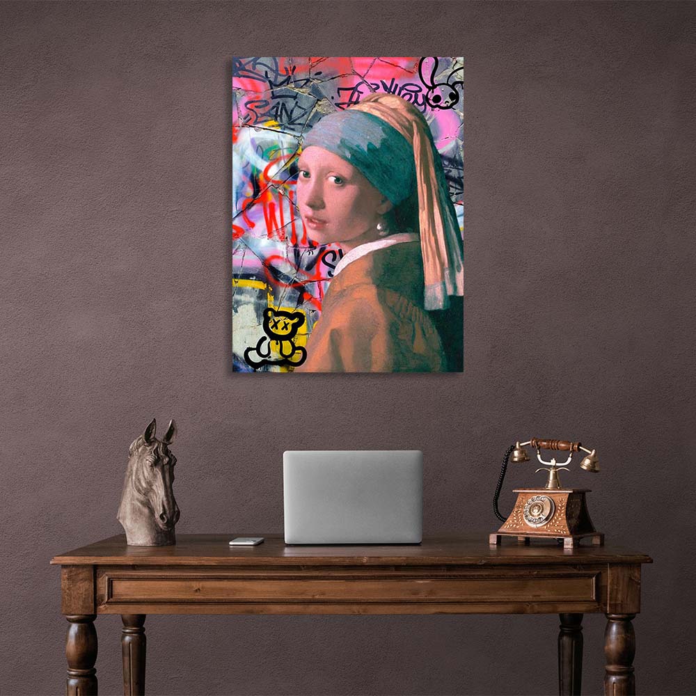 Canvas Wall Art Print Girl with a pearl earring on the background of cracked wall in garffiti