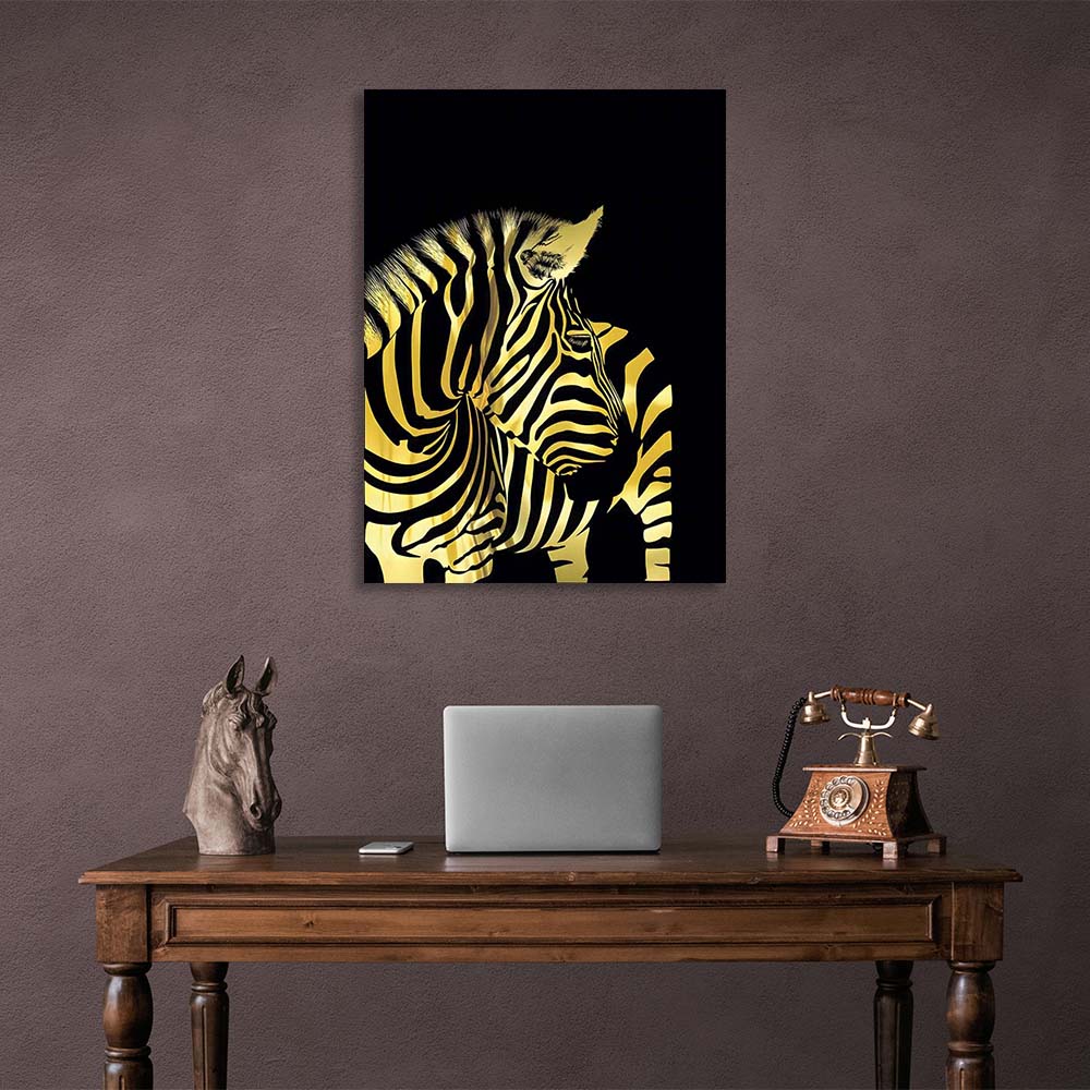 Leinwandbild Goldenes Zebra 2 auf schwarzem Hintergrund