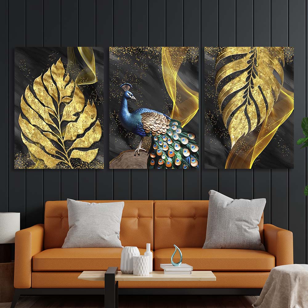 Multi Panel Canvas Wall Art Print Peacock in golden leaves