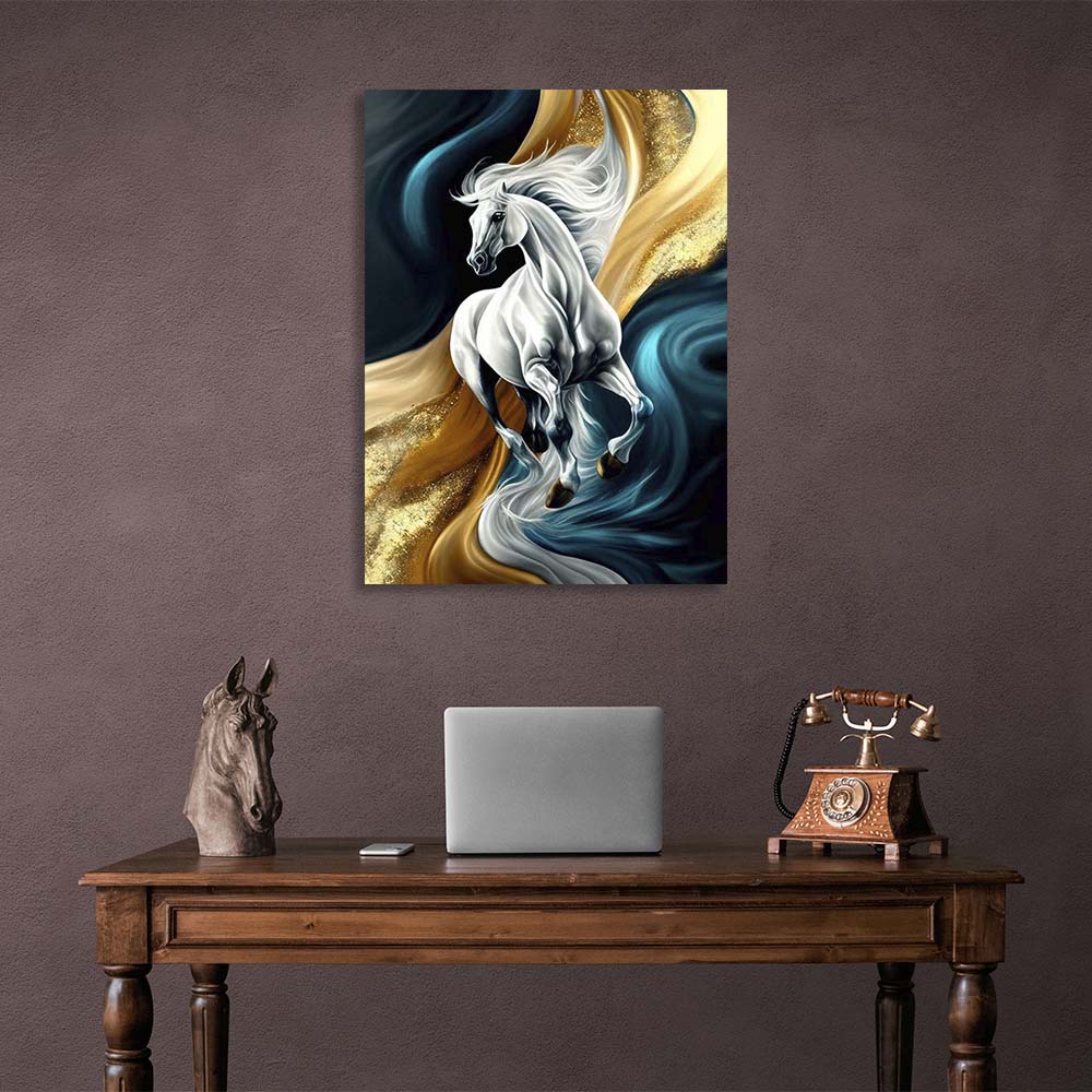 Canvas Wall Art Print White horse on blue-gold background