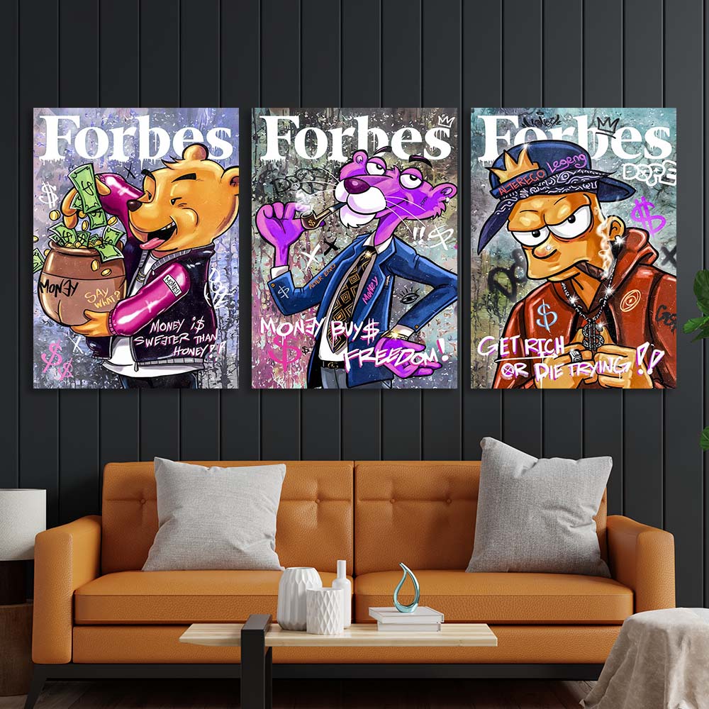 Mehrteiliger Kunstdruck auf Leinwand, Zeichentrickfiguren auf dem Cover des Forbes