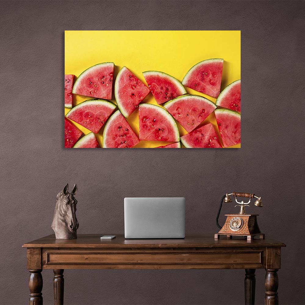 Canvas Wall Art Print For Kitchen Sliced watermelon on a yellow background