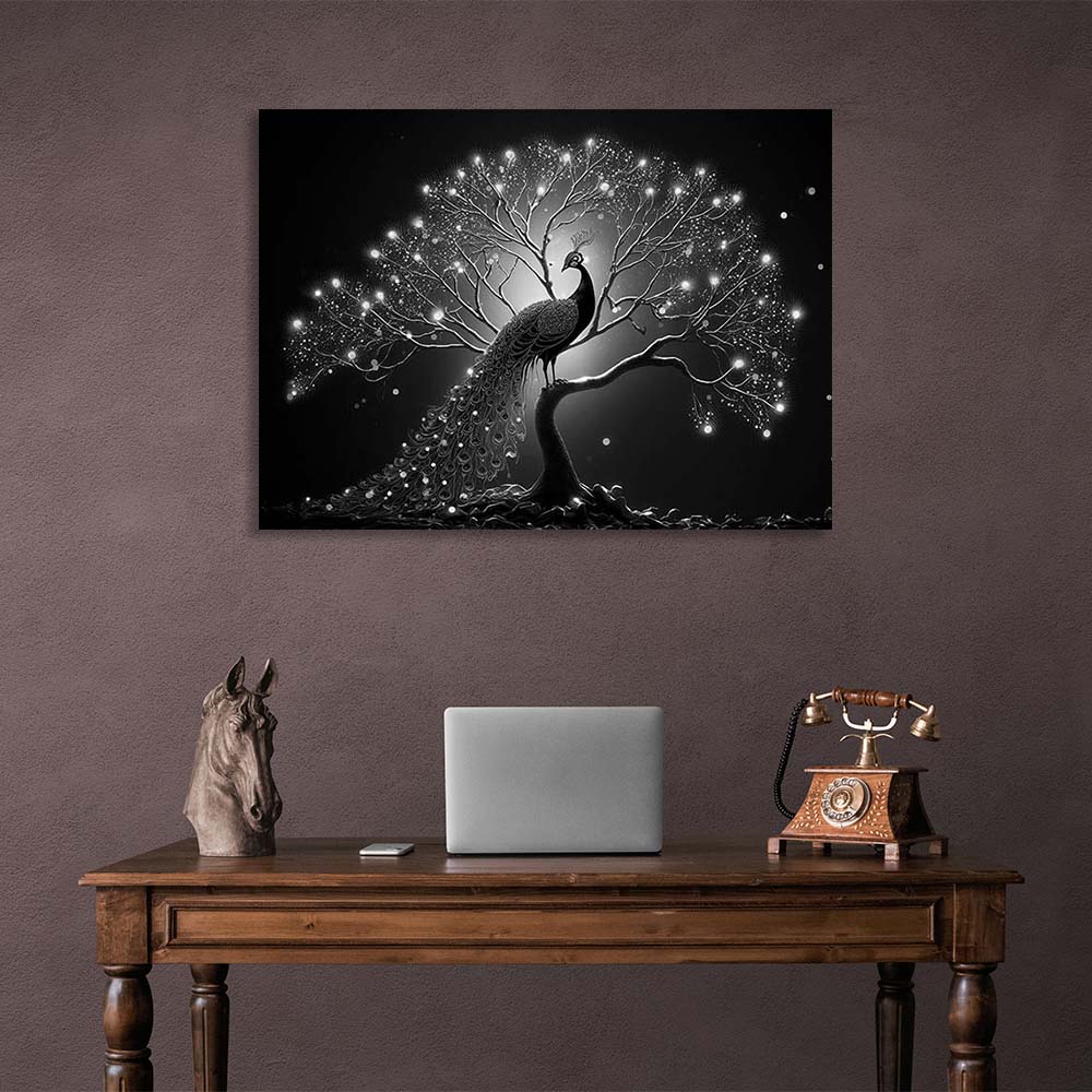 Peacock black and white Canvas Wall Art Print