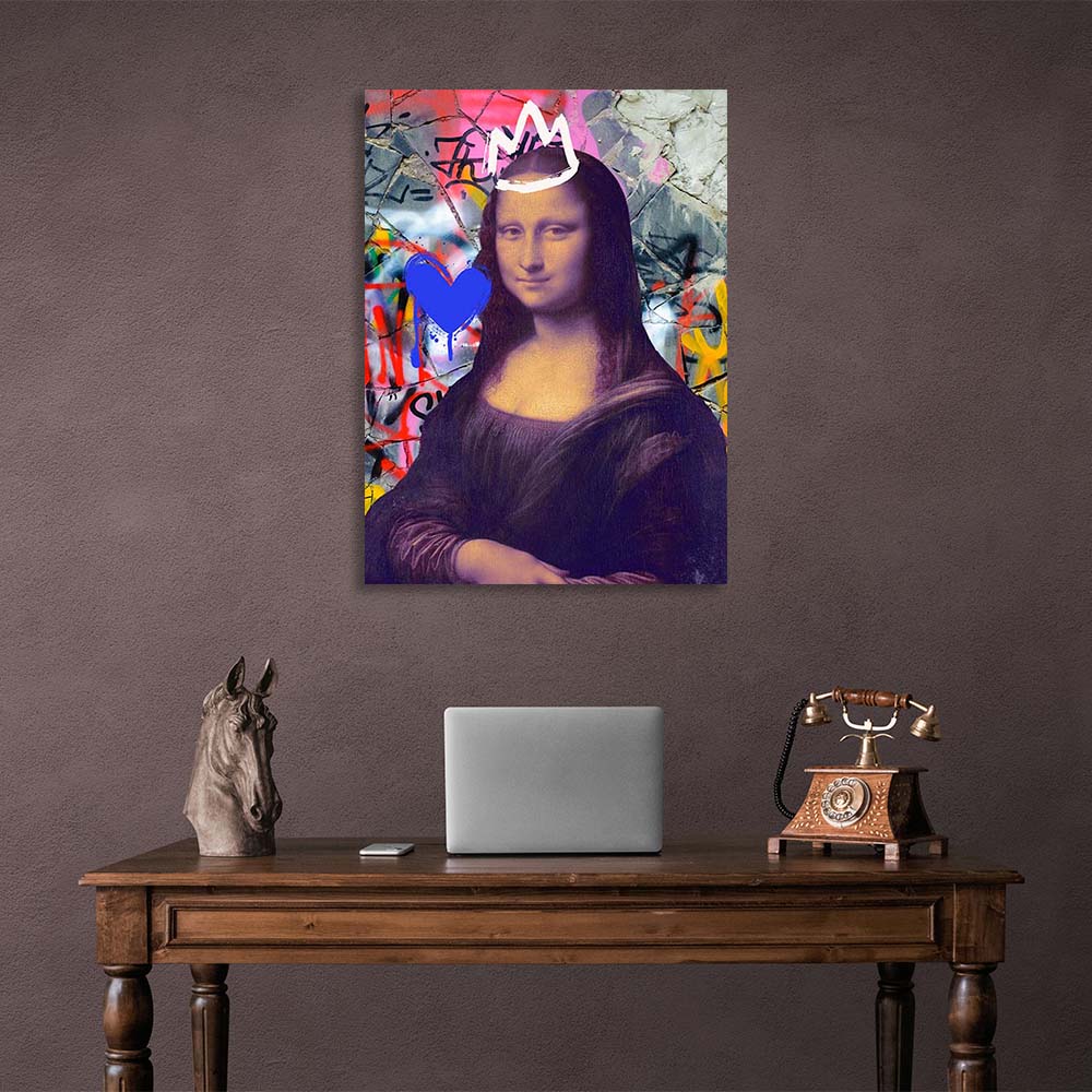 Kunstdruck auf Leinwand, Mona Lisa auf dem Hintergrund einer rissigen Wand in Garffiti