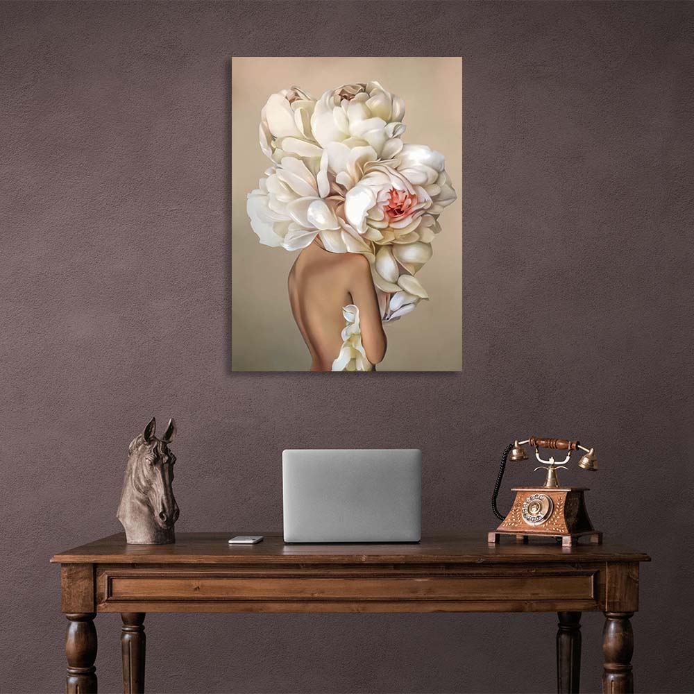 Girl with flowers on her head on brown background Canvas Wall Art Print