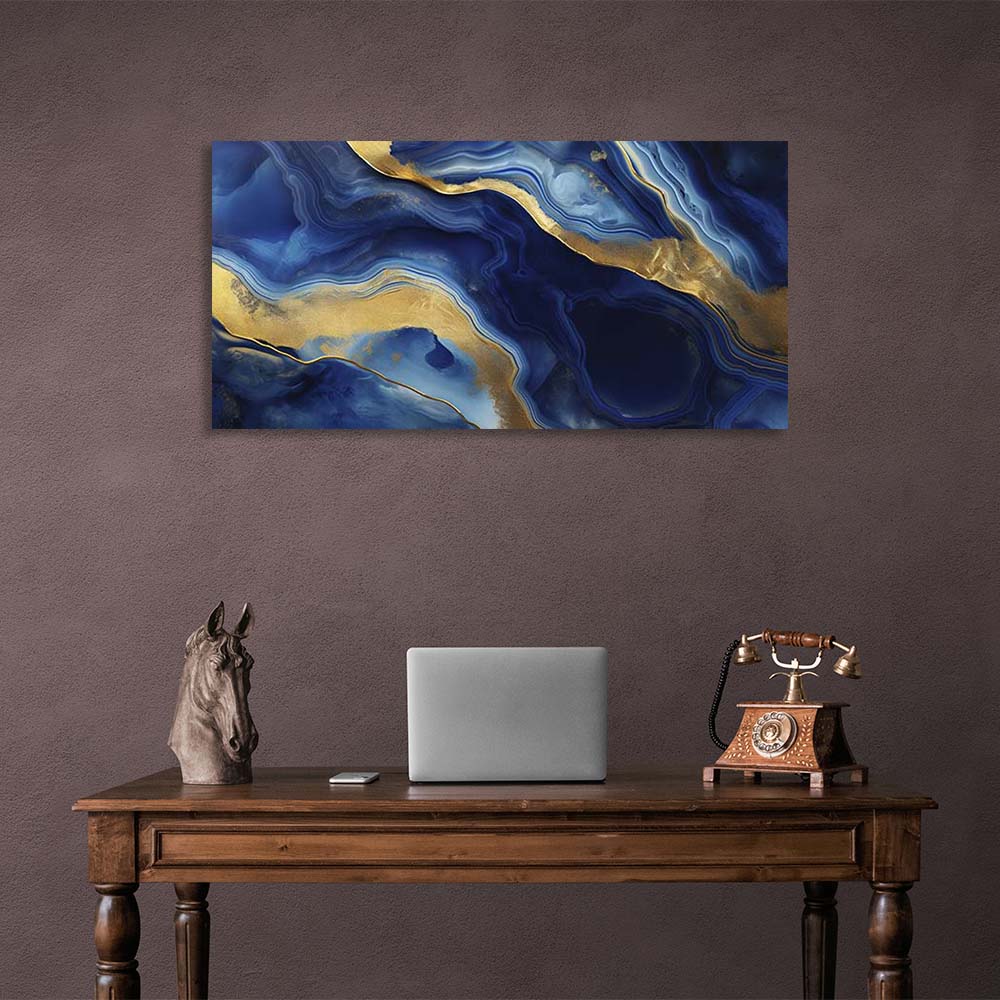 Abstrakter Leinwand-Kunstdruck, tiefblauer Marmor mit Gold