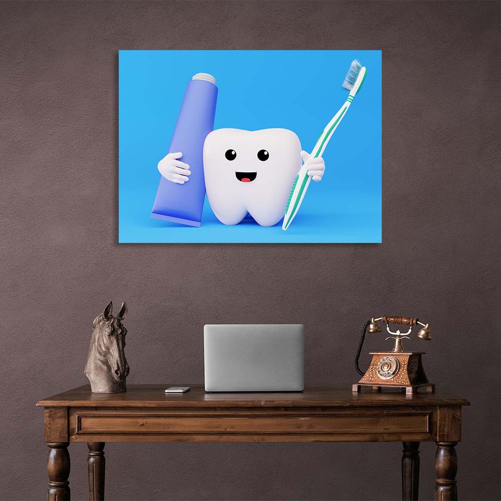 For dentistry tooth with brush and paste on blue background Canvas Wall Art Print