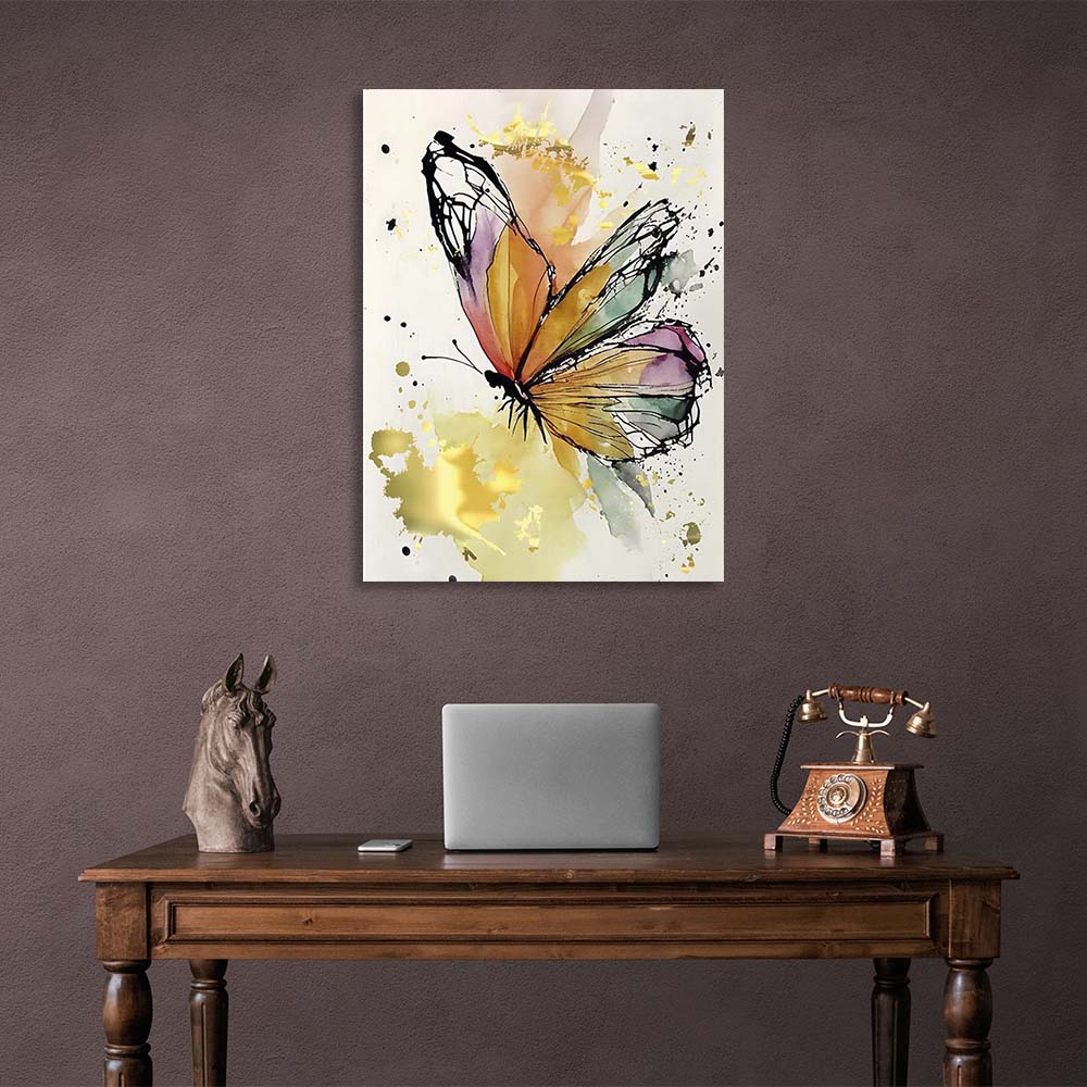 Kunstdruck auf Leinwand, Motiv: Goldener Aquarell-Schmetterling