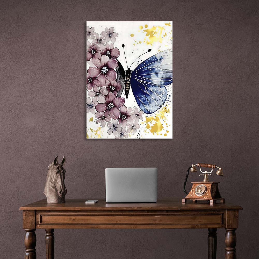 Kunstdruck auf Leinwand, goldener Aquarell-Schmetterling auf einem Blumenfeld