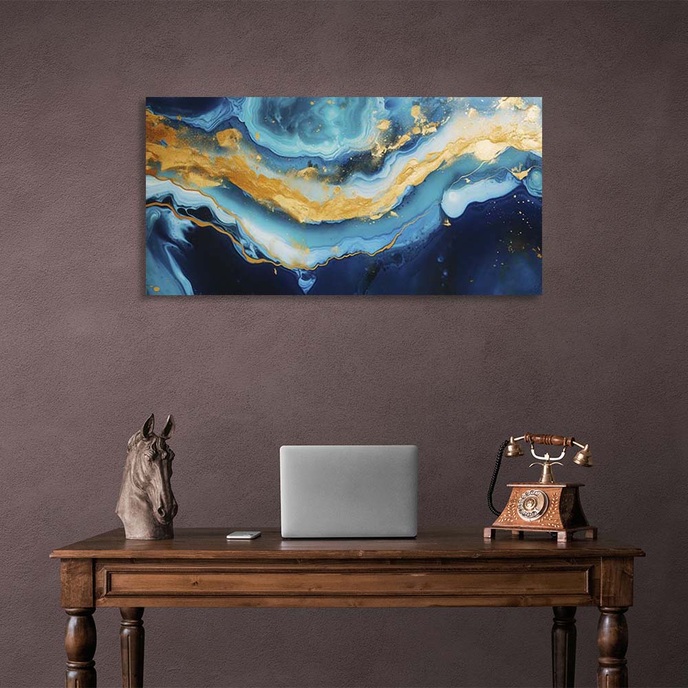 Abstrakter Leinwand-Kunstdruck, blauer Marmor mit Gold