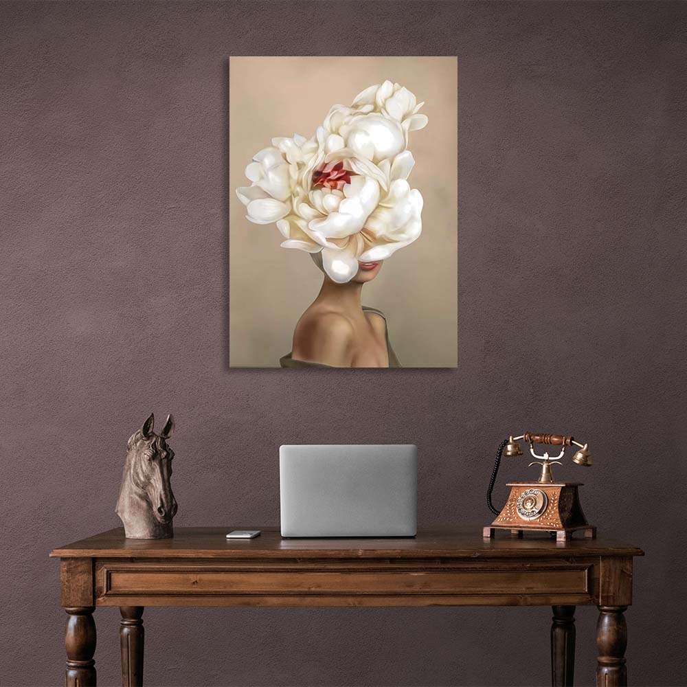 Girl with flowers on her head on beige background Canvas Wall Art Print