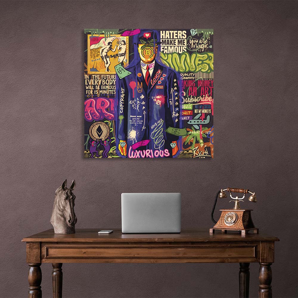 Pop-Art-Kunstdruck „Son of Man“ mit Bitcoin auf Leinwand