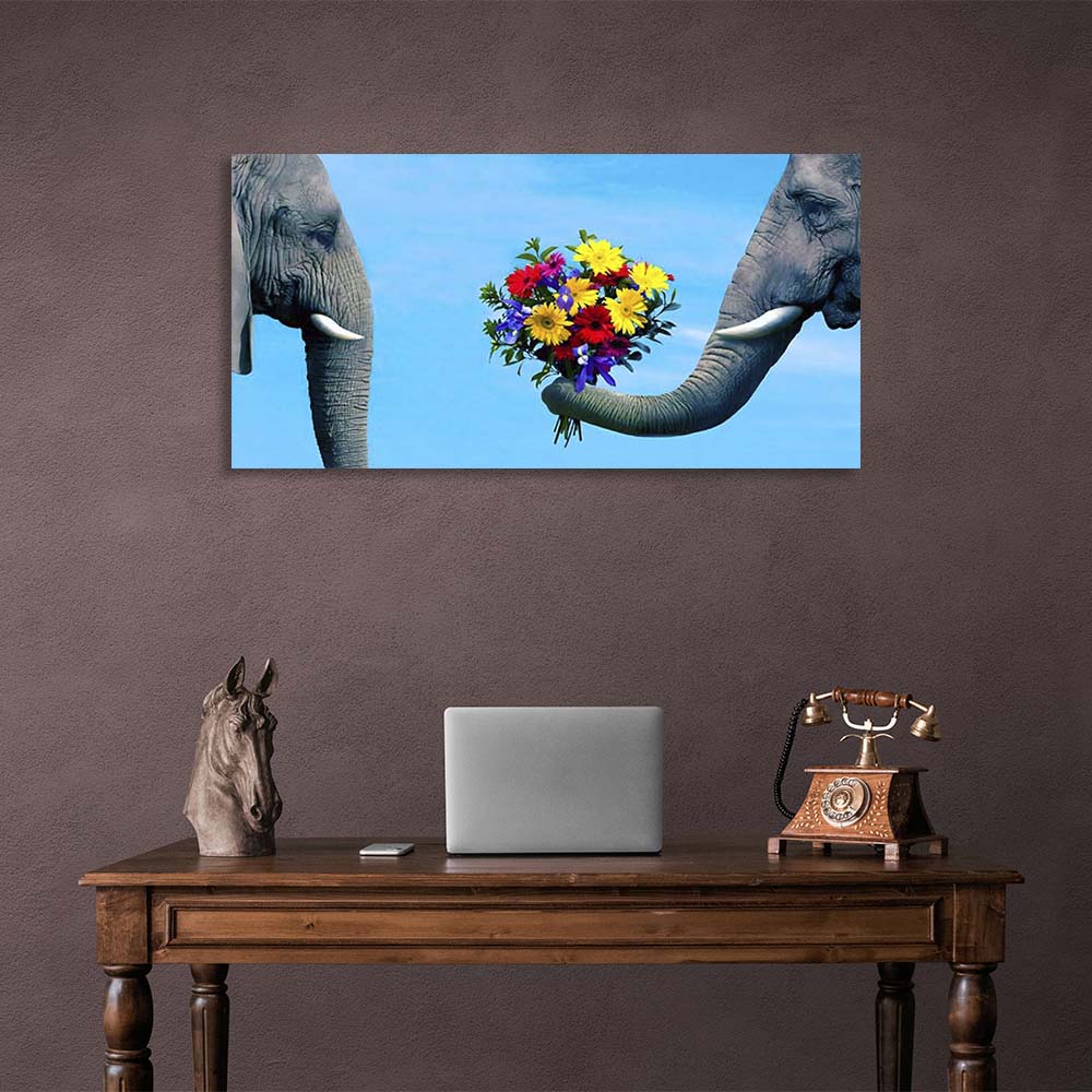 Canvas Wall Art Print Couple of elephants with a bouquet of flowers