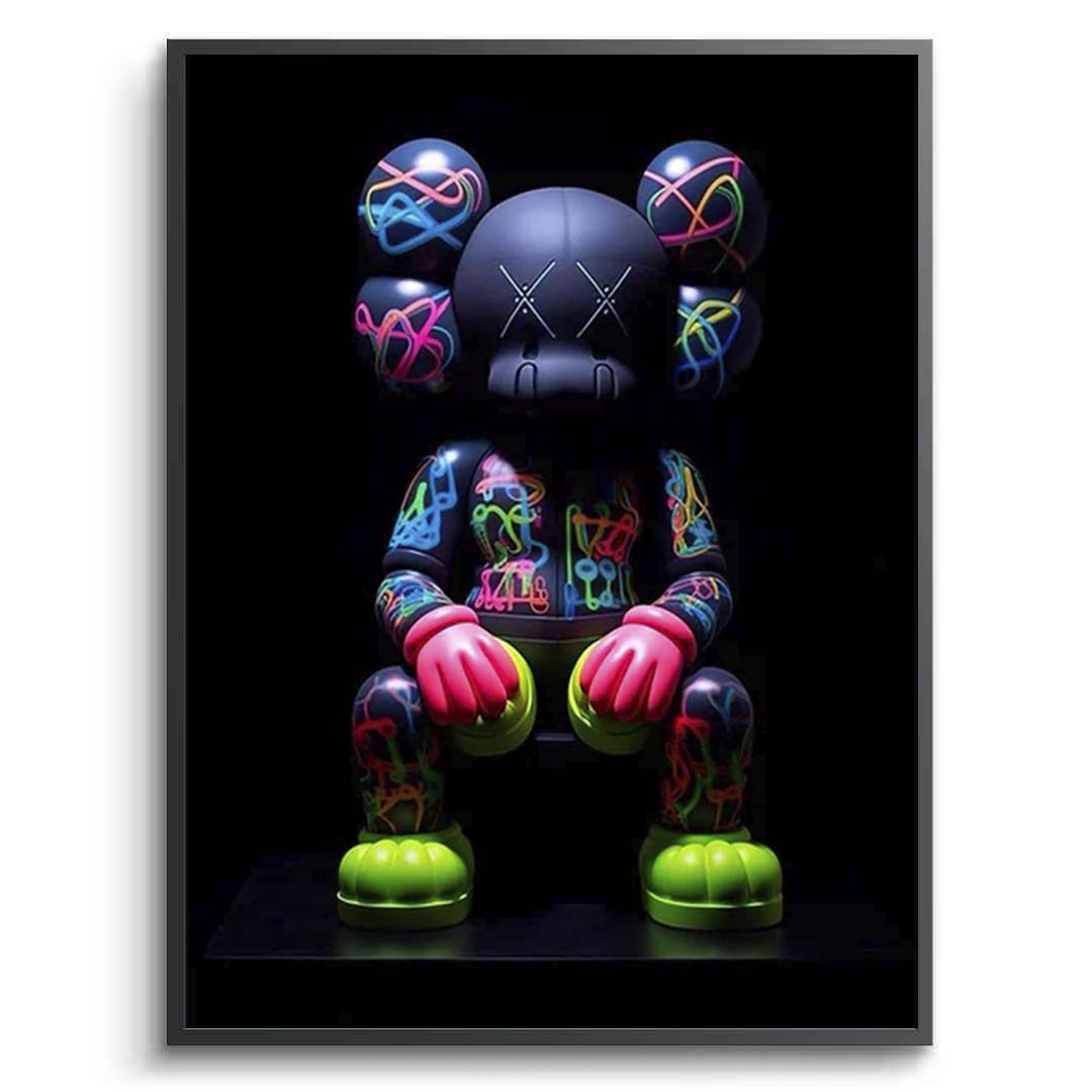KAWS Neon Bearbrick Figure Canvas Wall Art - Bold Street Art Style Print for Modern Home Decor