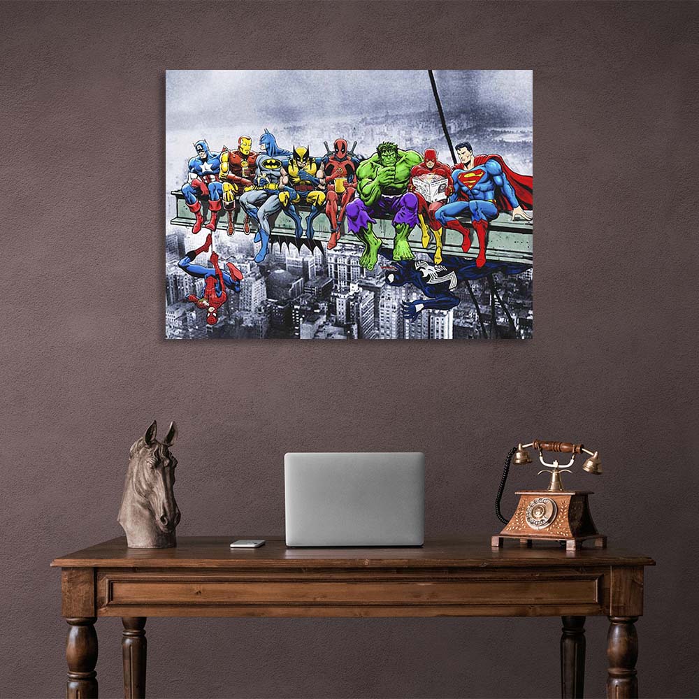 Canvas Wall Art Print Marvel and DC heroes on top of a skyscraper