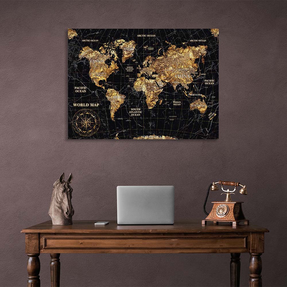 Leinwandbild, Wandbild, Karte der Neuen Welt, schwarz mit Gold