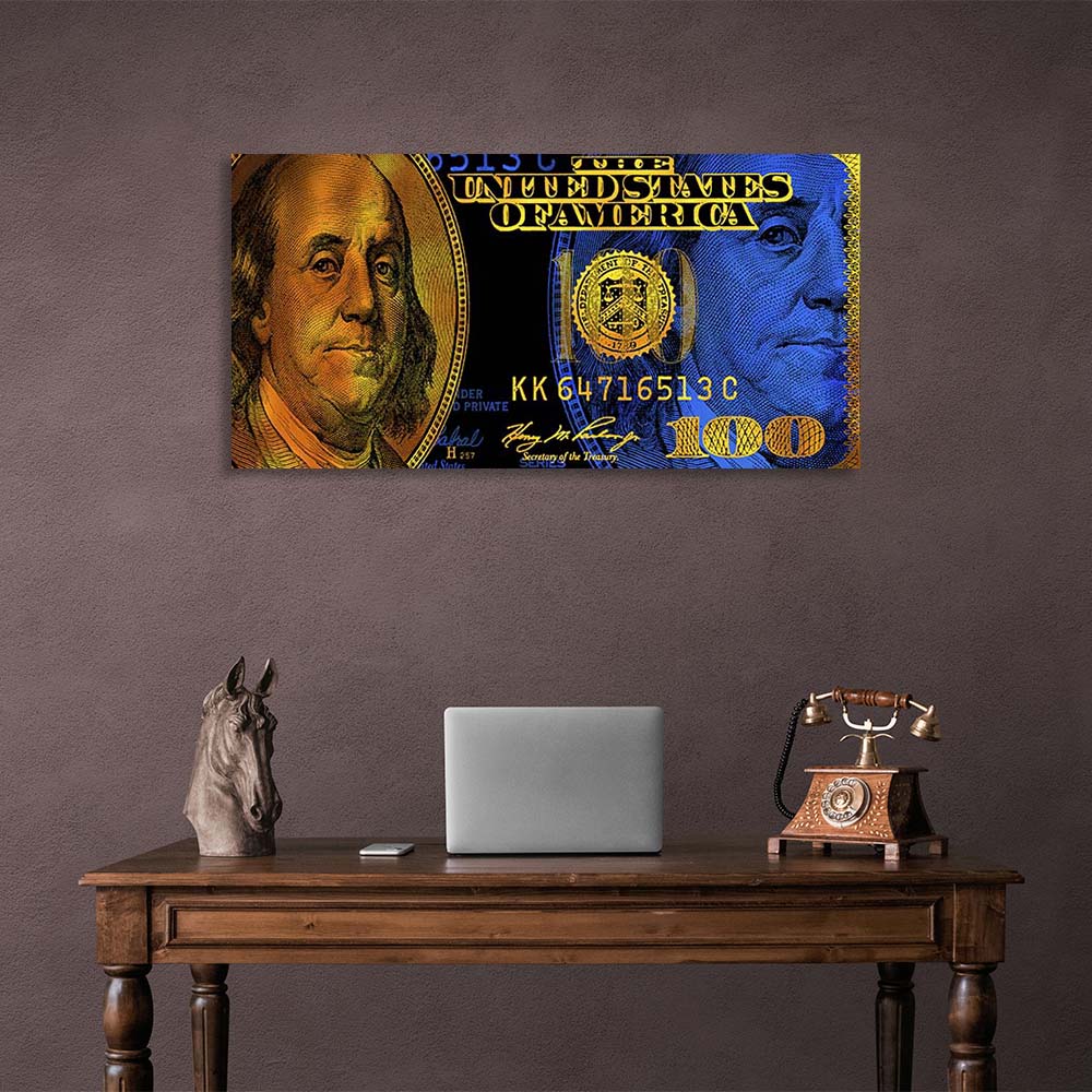 Inspirierender Leinwand-Kunstdruck „100 Dollar“ in Blau und Gold